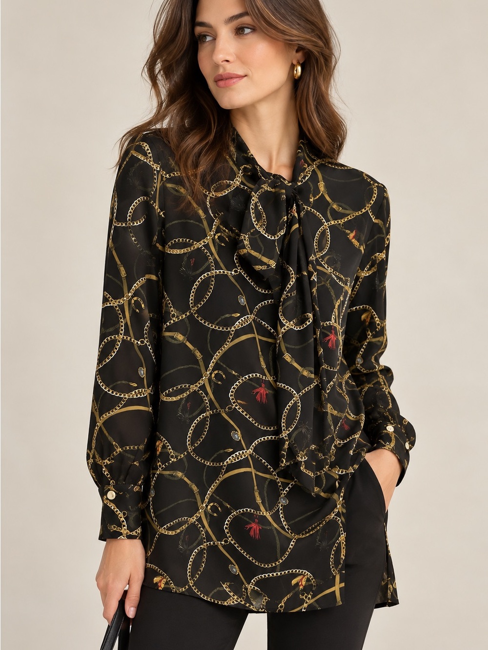 Zara Basic Women S Black Gold Chain Equestrian Print Tie Neck Long Blouse